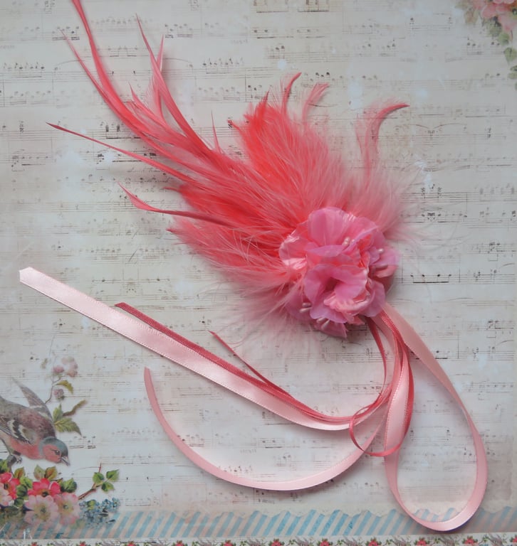Coral & Flamingo Pink Regency Feather Plume Fascinator Floral Hair Clip