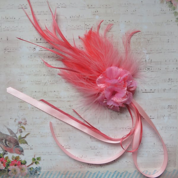 Coral & Flamingo Pink Regency Feather Plume Fascinator Floral Hair Clip
