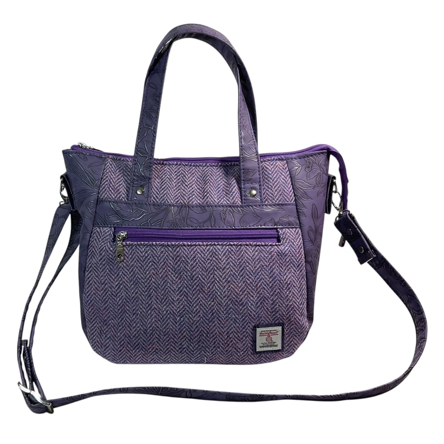 Crossbody Handbag made with purple Harris Tweed and purple floral faux leather 