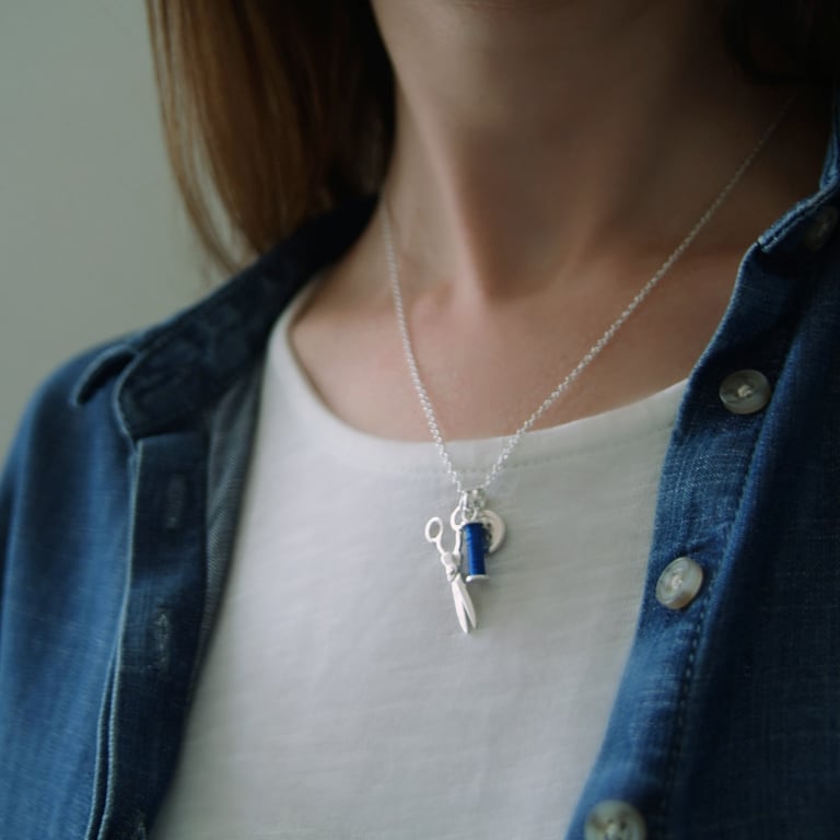 Sewing Charms Necklace, Gift for Maker, Button, Bobbin & Scissors