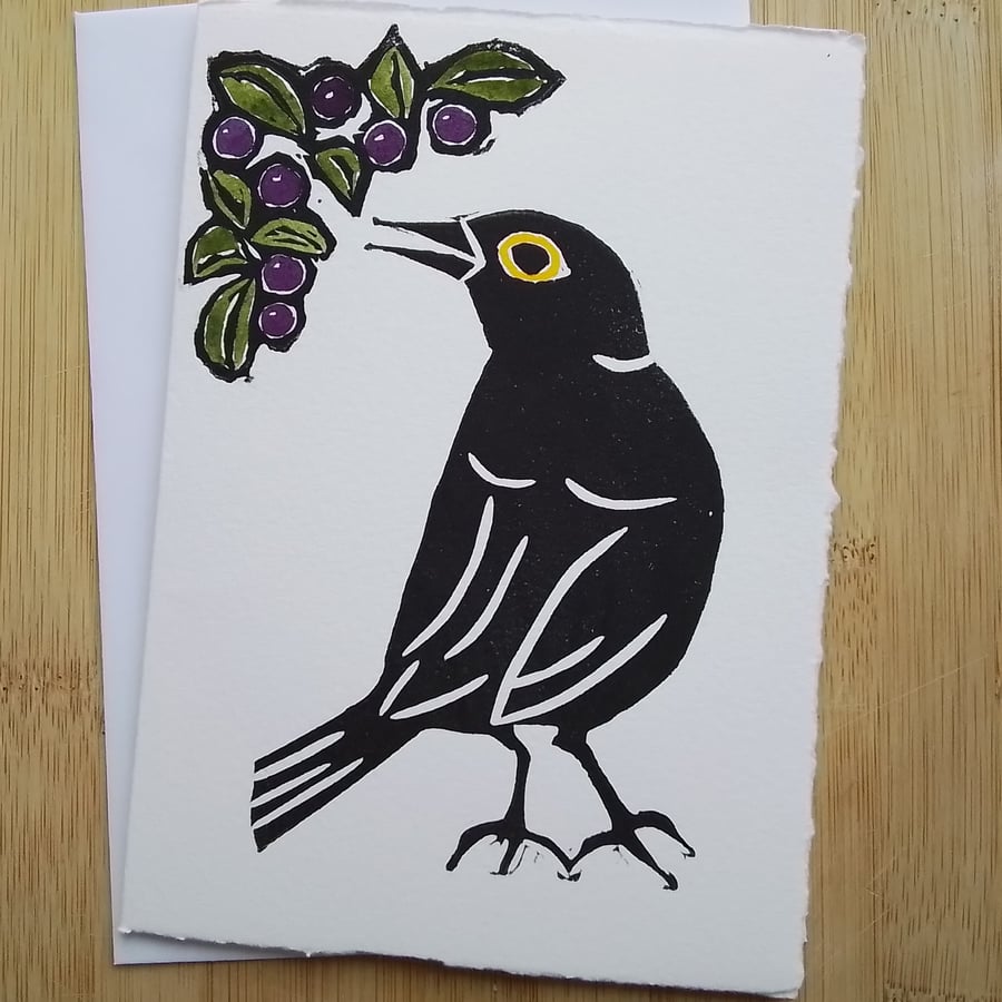 Blackbird & Sloes - hand-printed linocut card
