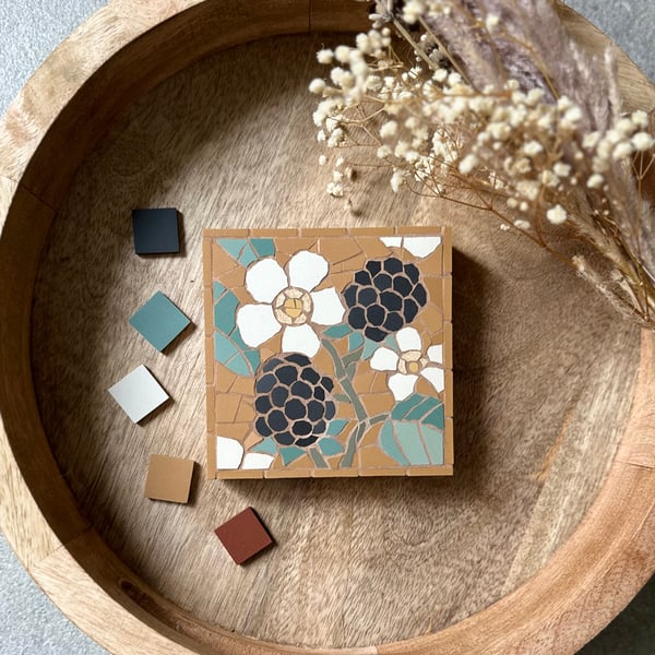 Mosaic Floral Art - Blackberry Mosaic Wall Plaque in Caramel