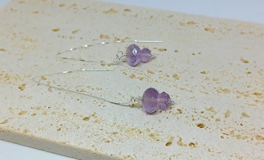 Amethyst Threader Earrings, Amethyst Thread Through Earrings, Sterling Silver Ea