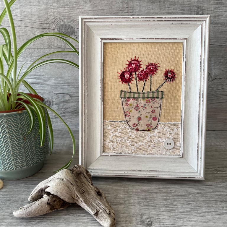 Stitched Flowers in a Pot Textile Art 