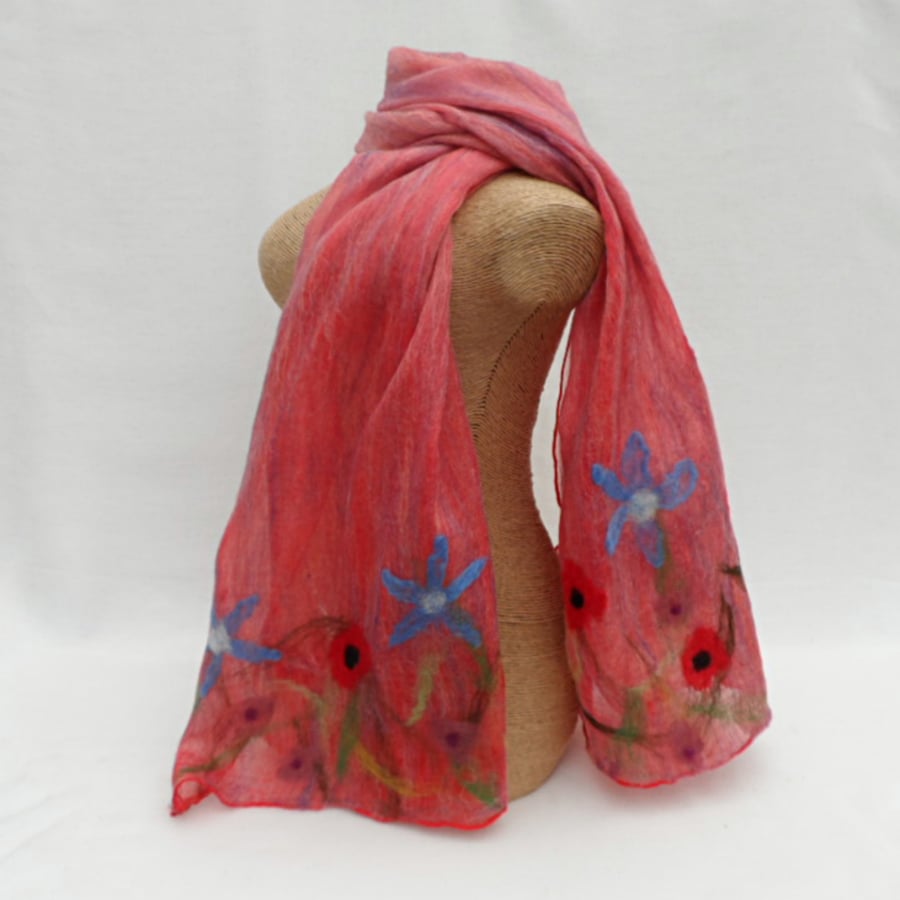 Red floral nuno felted scarf