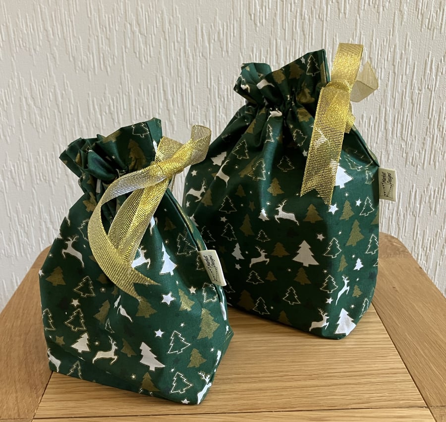 Drawstring Gift Bag, Reindeers and Christmas Trees, Handmade in the UK