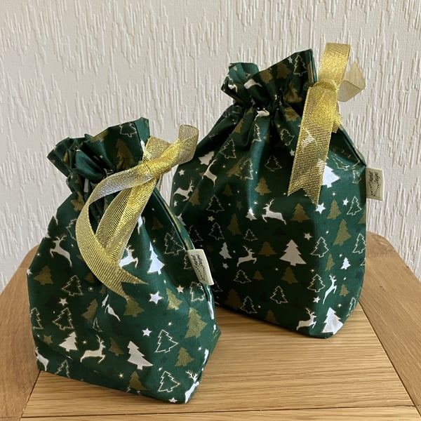 Drawstring Gift Bag, Reindeers and Christmas Trees, Handmade in the UK