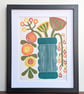 Flowers in a Blue Vase 1 - Original Lino Print - Image 2