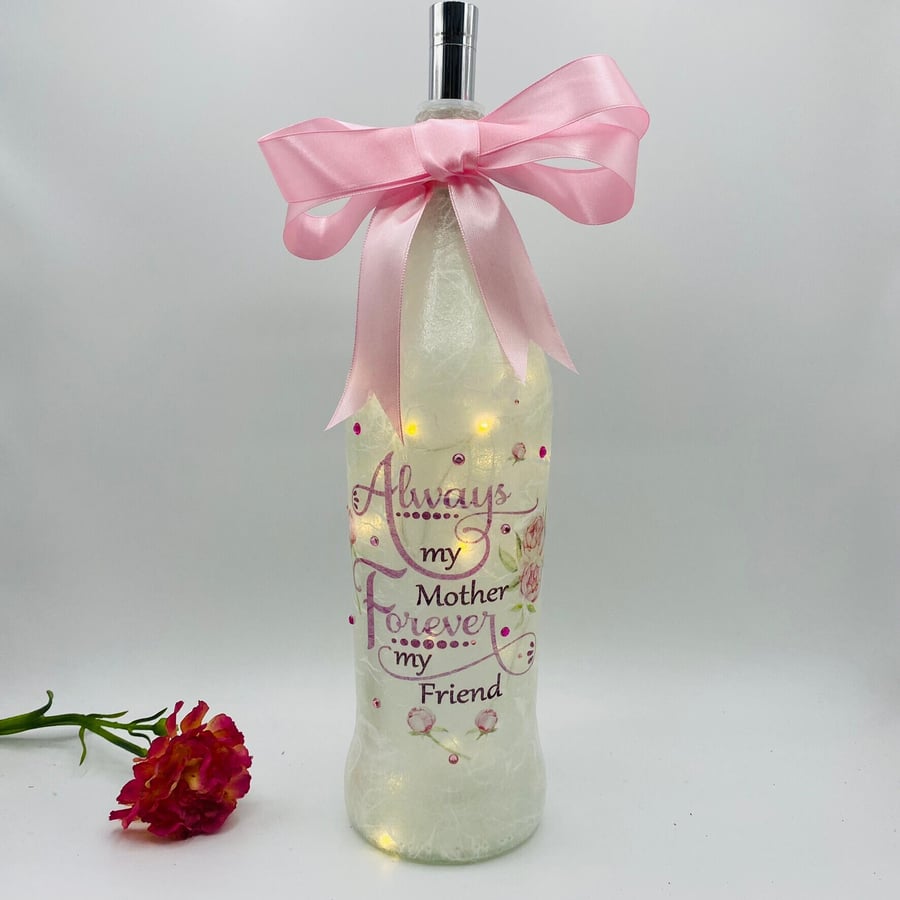 Decoupage bottle light, Mothers Day, gift for mum, pink flowers