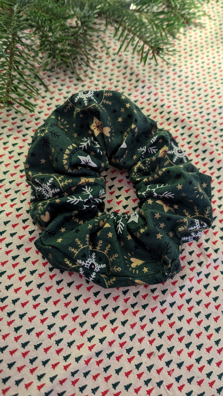 Green Patterned Christmas Scunchie