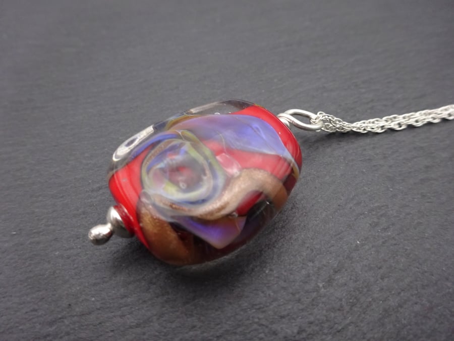 lampwork glass pendant, sterling silver chain, red, purple and gold