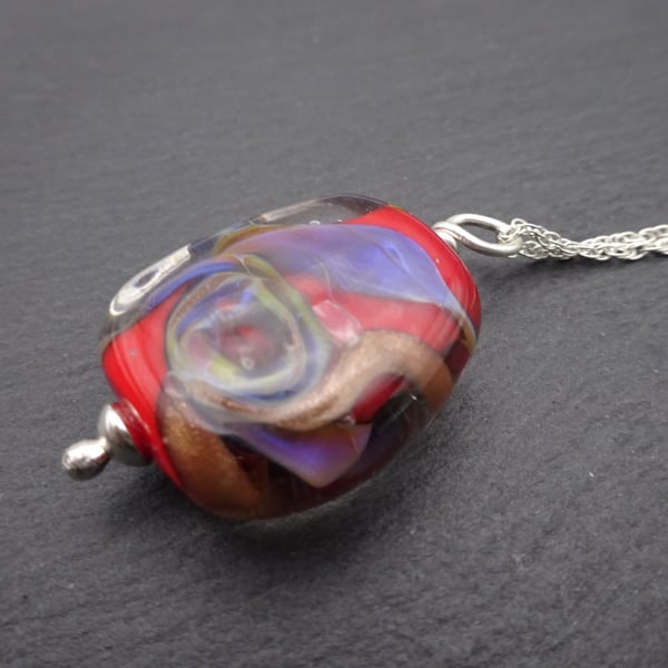 lampwork glass pendant, sterling silver chain, red, purple and gold