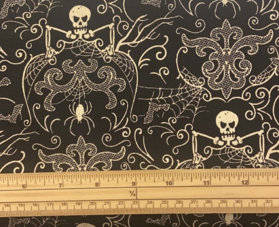 Fat Quarter Midight Halloween Spook Skeleton Damask Black Cotton Quilting Fabric