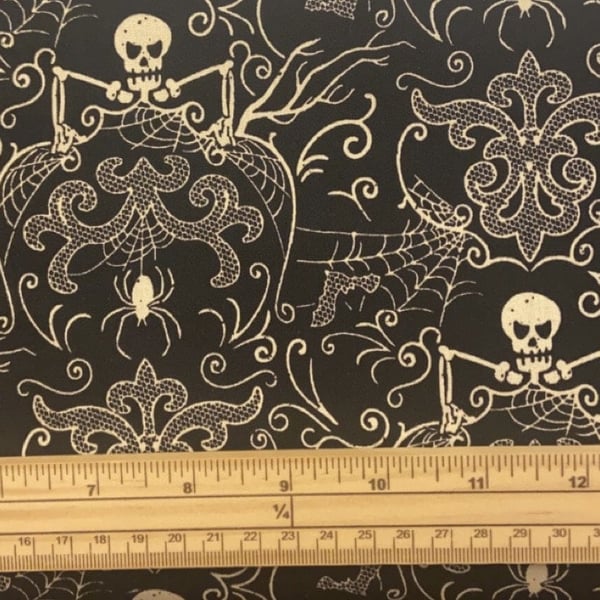 Fat Quarter Midight Halloween Spook Skeleton Damask Black Cotton Quilting Fabric