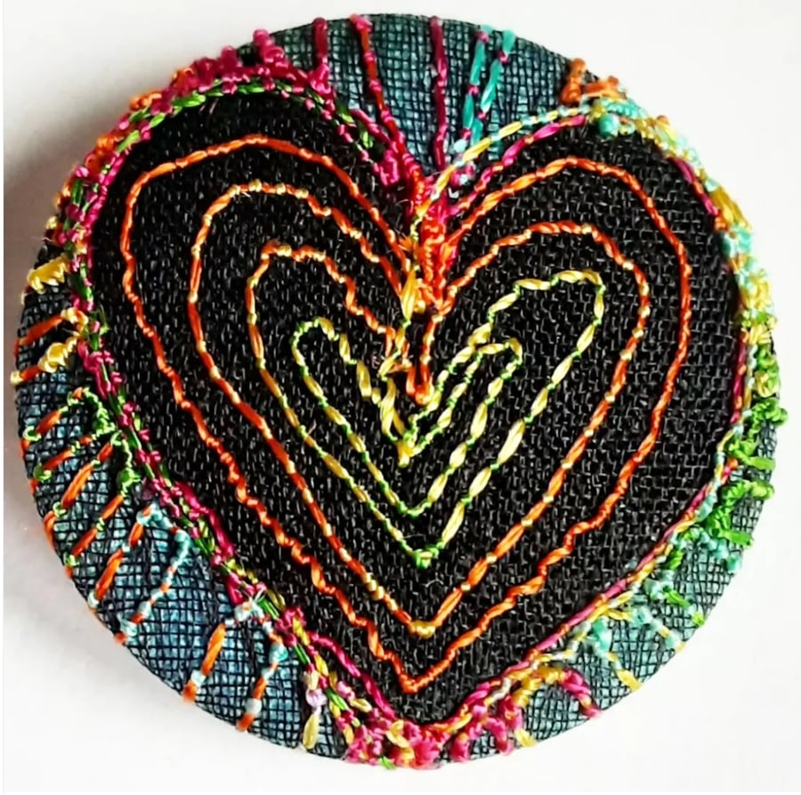 One Inch Badge Heart Fabric Badge with Free Machine Embroidery 