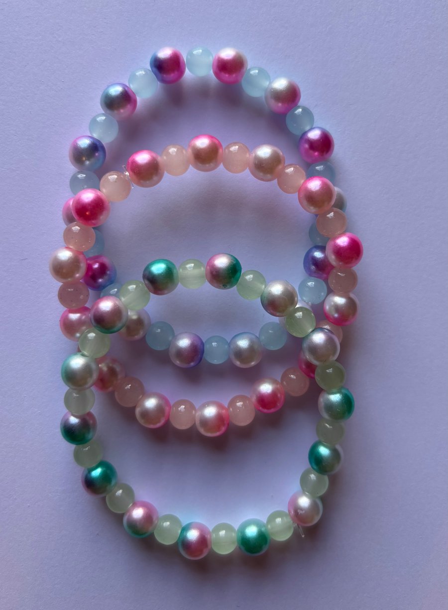 Set of three colourful glass beaded bracelets