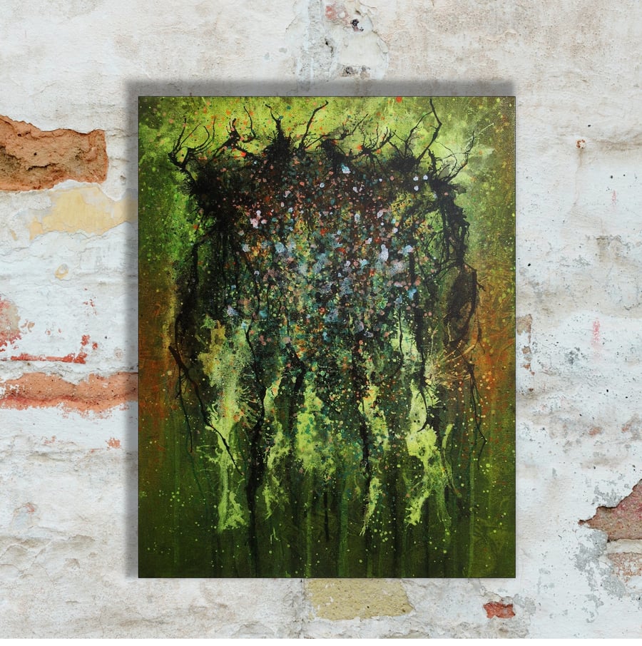 Green Abstract Expressionist Painting Dynamic Paint Splash Art On Canvas 14x18"