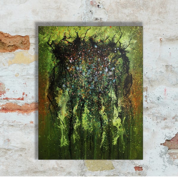 Green Abstract Expressionist Painting Dynamic Paint Splash Art On Canvas 14x18"