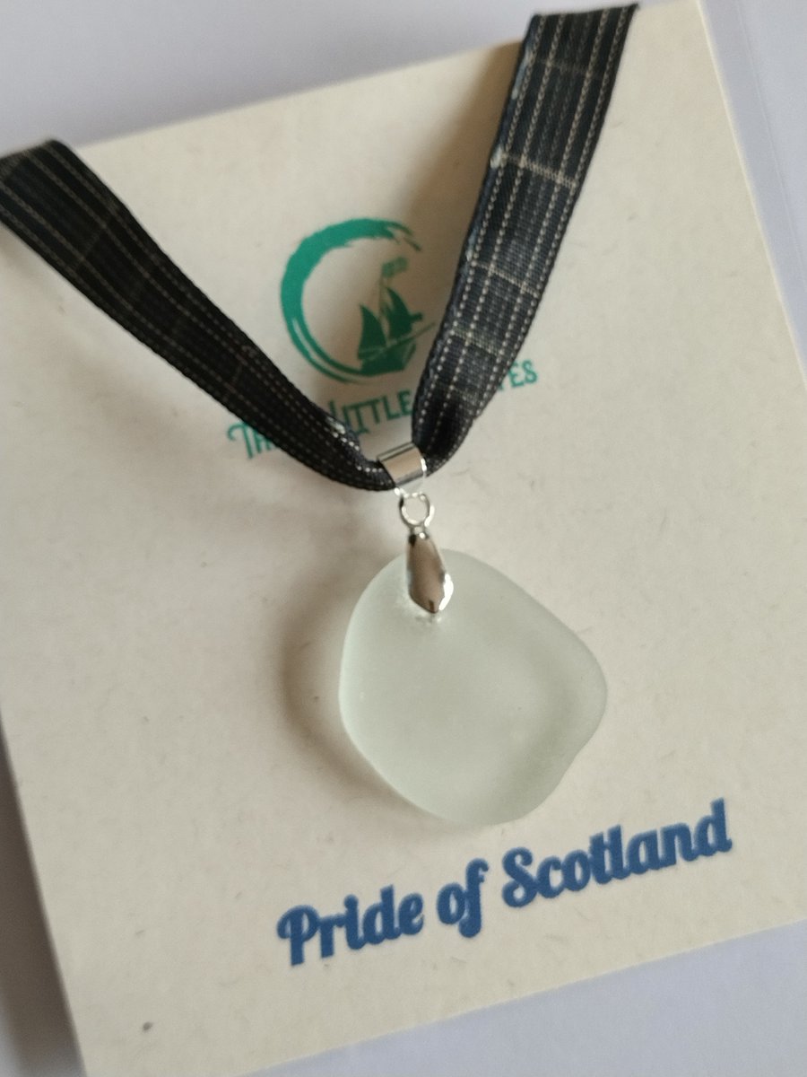 Scottish beach glass Plaid Pendant on a Pride of Scotland Hunting Tartan ribbon