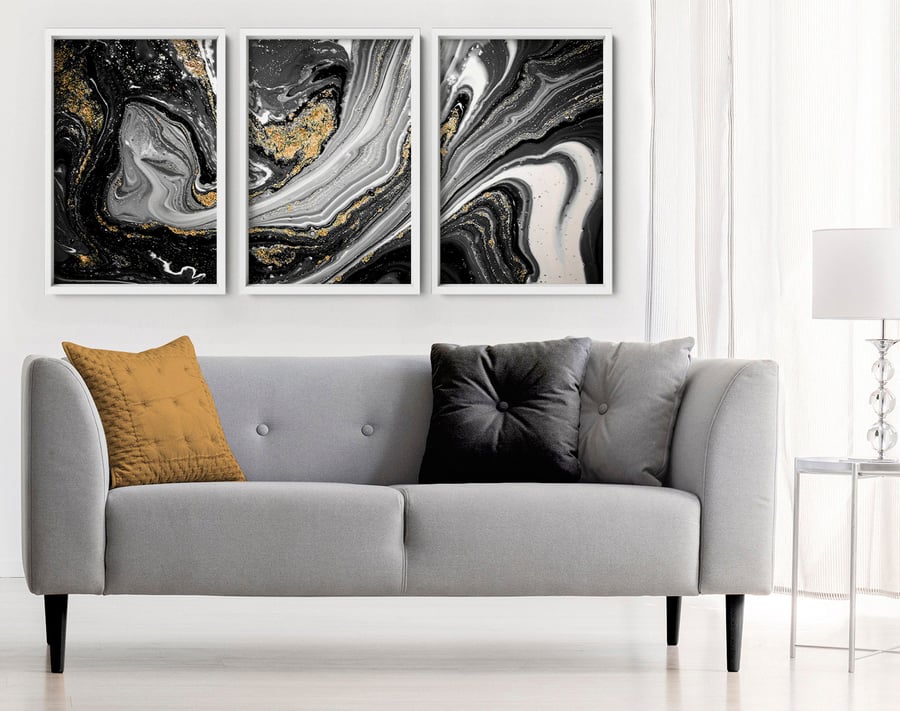 Black geode wall art, bedroom wall decor, over the bed set of 3 prints, triptych