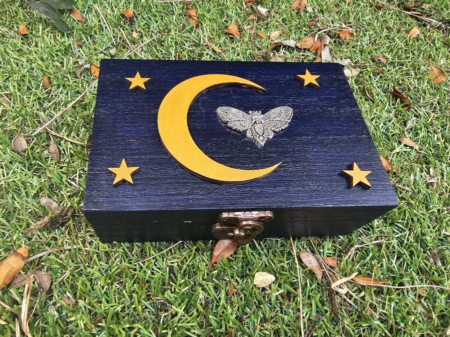 Handmade Celestial  Death Head Moth Wooden Gothic Jewellery Box