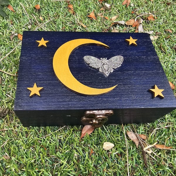 Handmade Celestial  Death Head Moth Wooden Gothic Jewellery Box