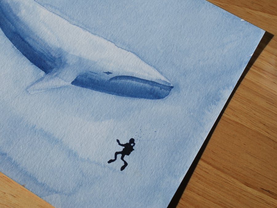 Original art Blue whale with diver
