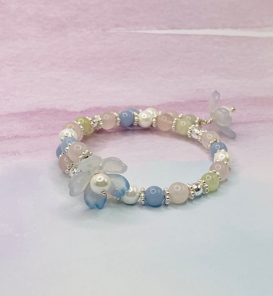 Pastel gemstone memory wire bangle with floral charms
