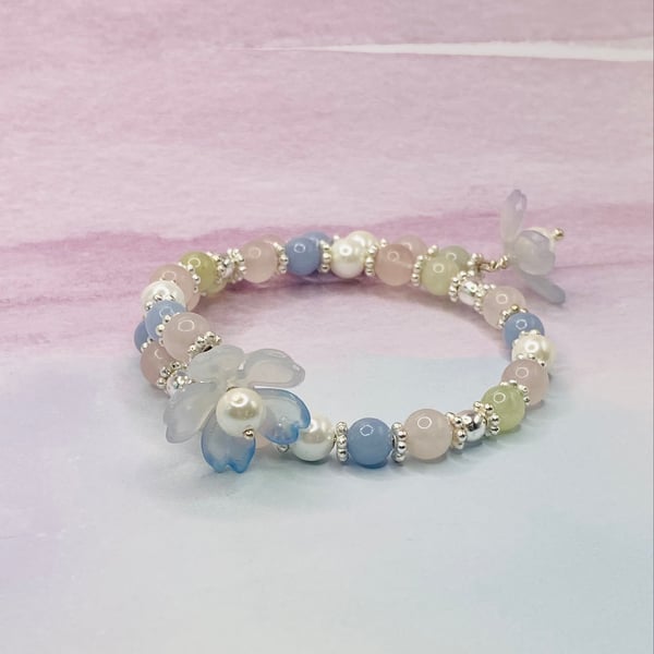 Pastel gemstone memory wire bangle with floral charms