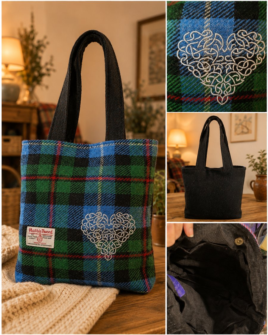 Harris Tweed Robertson Tartan Tote bag with embroidered Celtic heart