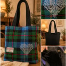 Harris Tweed Robertson Tartan Tote bag with embroidered Celtic heart