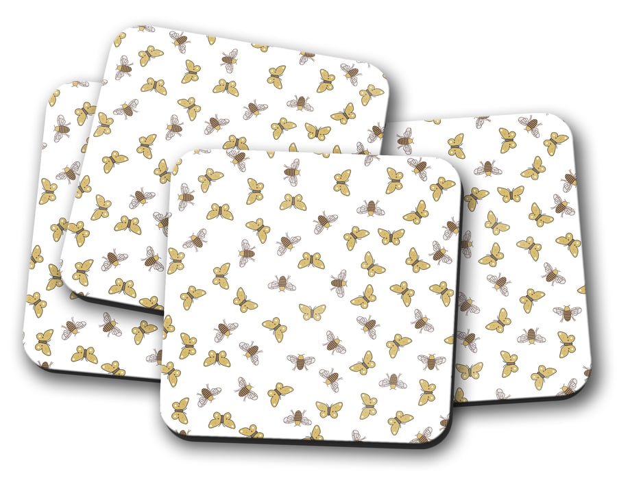 Set of 4 White with a Bees and Butterflies Design Coasters, Drinks Mat