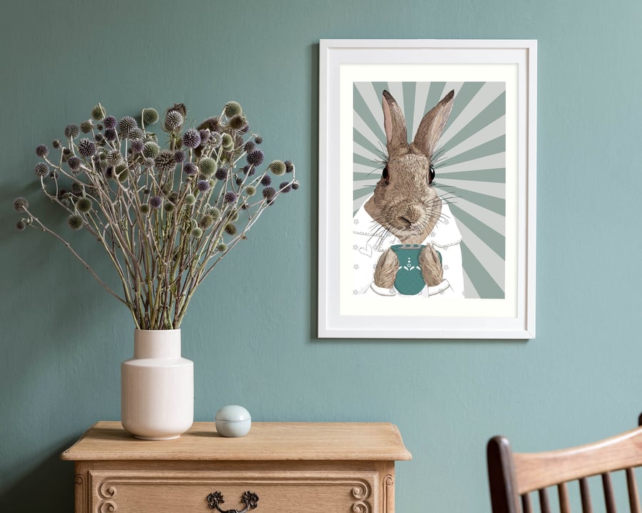 Rabbit wall art, Gift for tea drinker, Gift for coffee lover, Scandi cottontail 