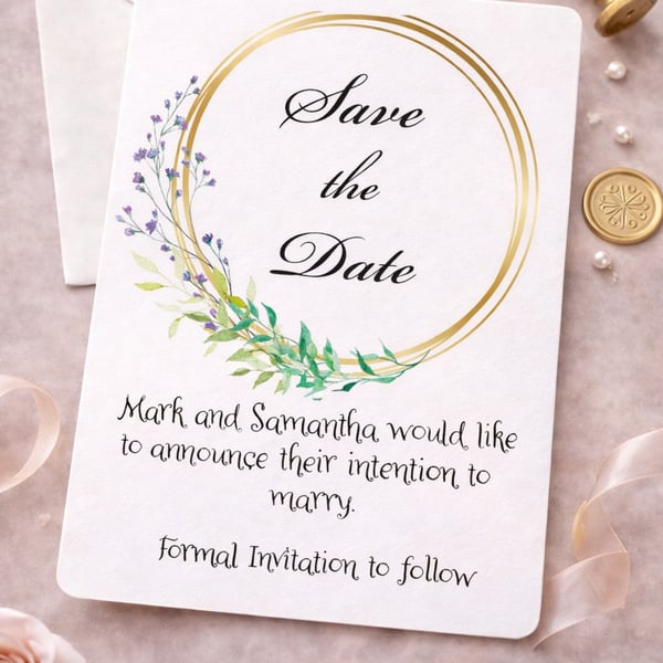 Gold Ring Save the Date Card, Personalised Wedding Save the Date