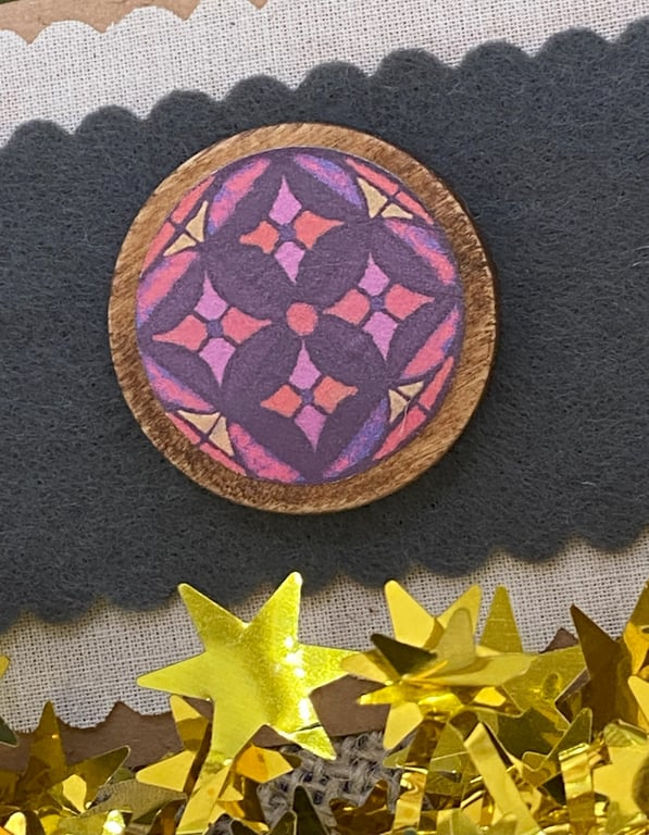 Pink Geometric patterned wood pin brooch 