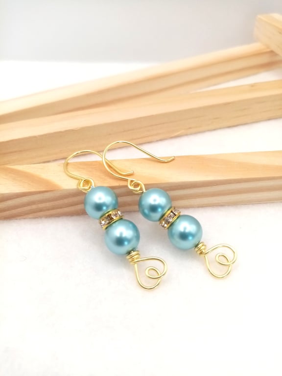 Pearl Drop Wedding Earrings, Gold Heart Dangle, Boxed Gift Set