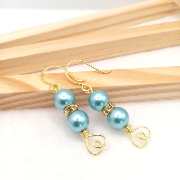 Pearl Drop Wedding Earrings, Gold Heart Dangle, Boxed Gift Set