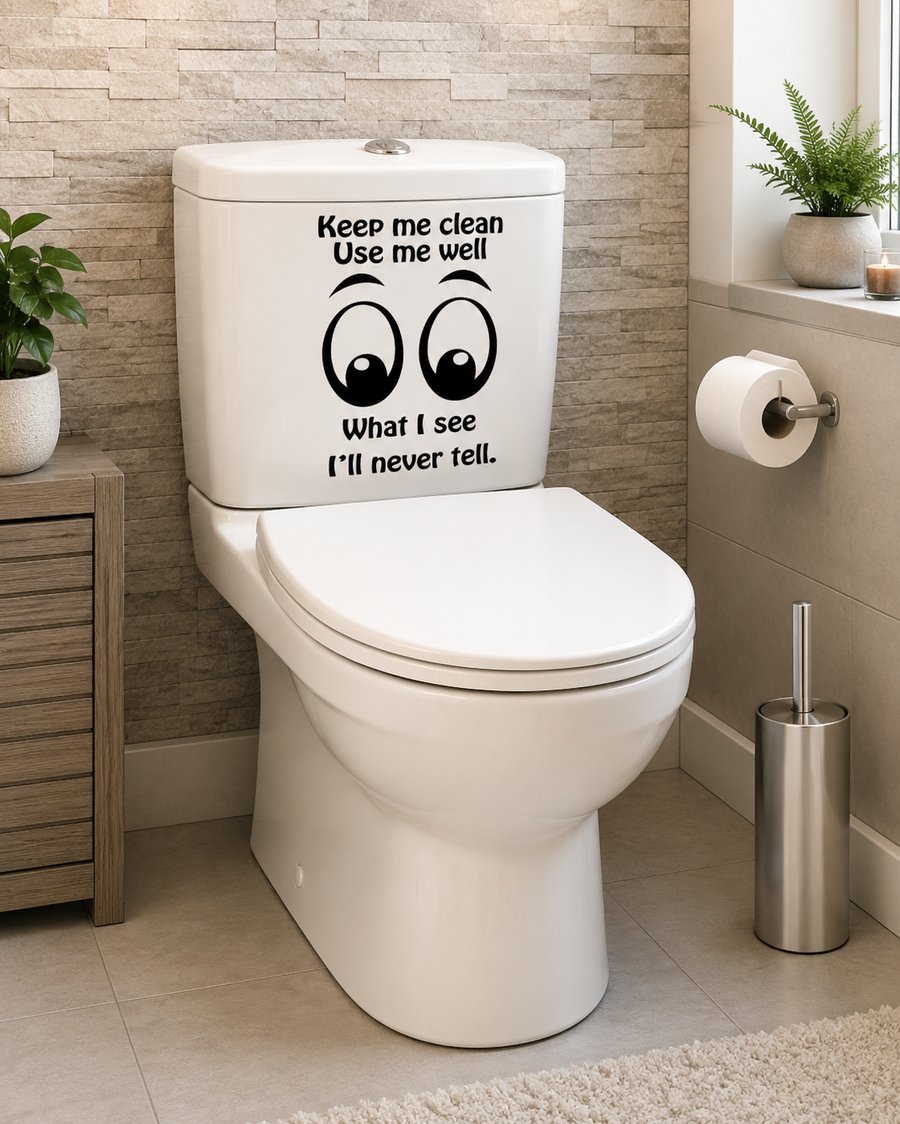 "Funny Bathroom Eyes Decal – 'Keep Me Clean, I'll Never Tell' Vinyl Sticker