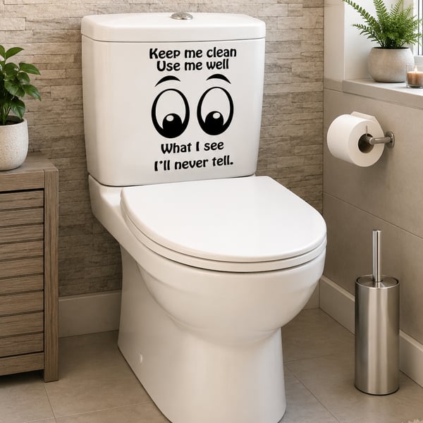 "Funny Bathroom Eyes Decal – 'Keep Me Clean, I'll Never Tell' Vinyl Sticker