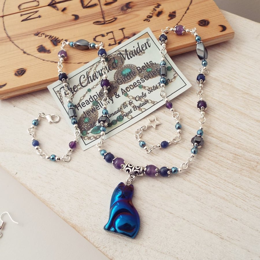 Hematite Amethyst Sodalite Long Length Beaded Cat Necklace, February Birthstone