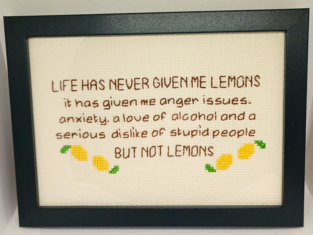 Framed Handmade Cross Stitch – Life Has Never Given Me Lemons 