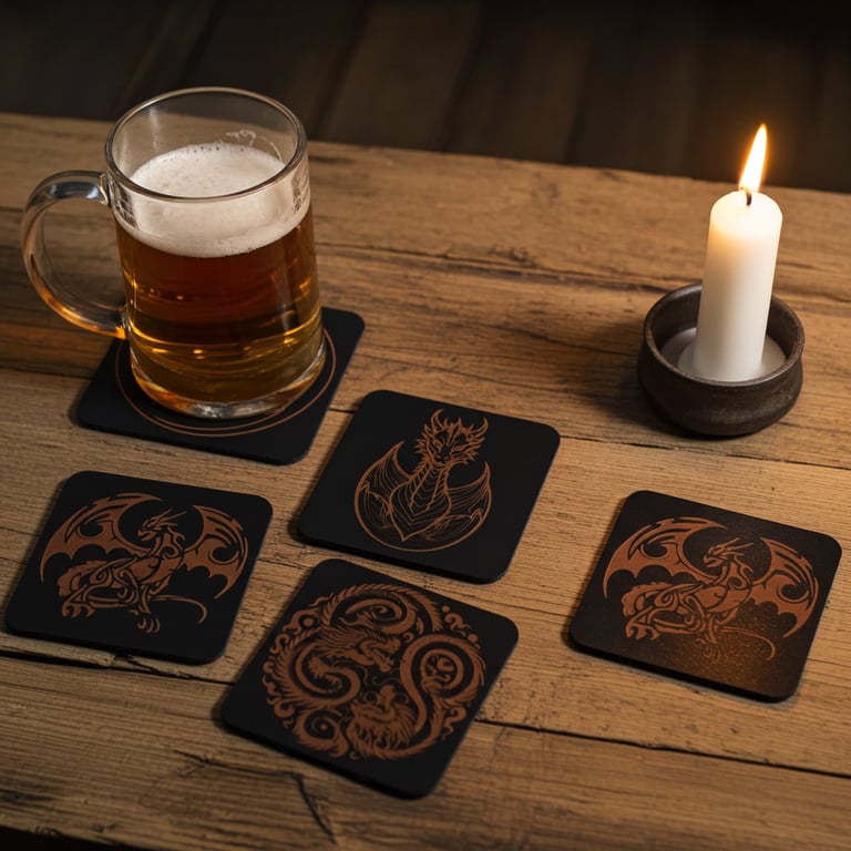 Set of 6 Square Black Wood Veneer Dragon Collection Coasters with Bumper Feet.