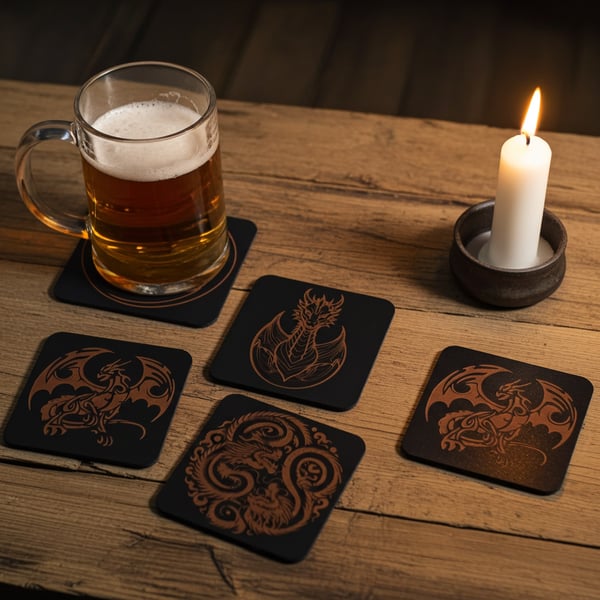 Set of 6 Square Black Wood Veneer Dragon Collection Coasters with Bumper Feet.