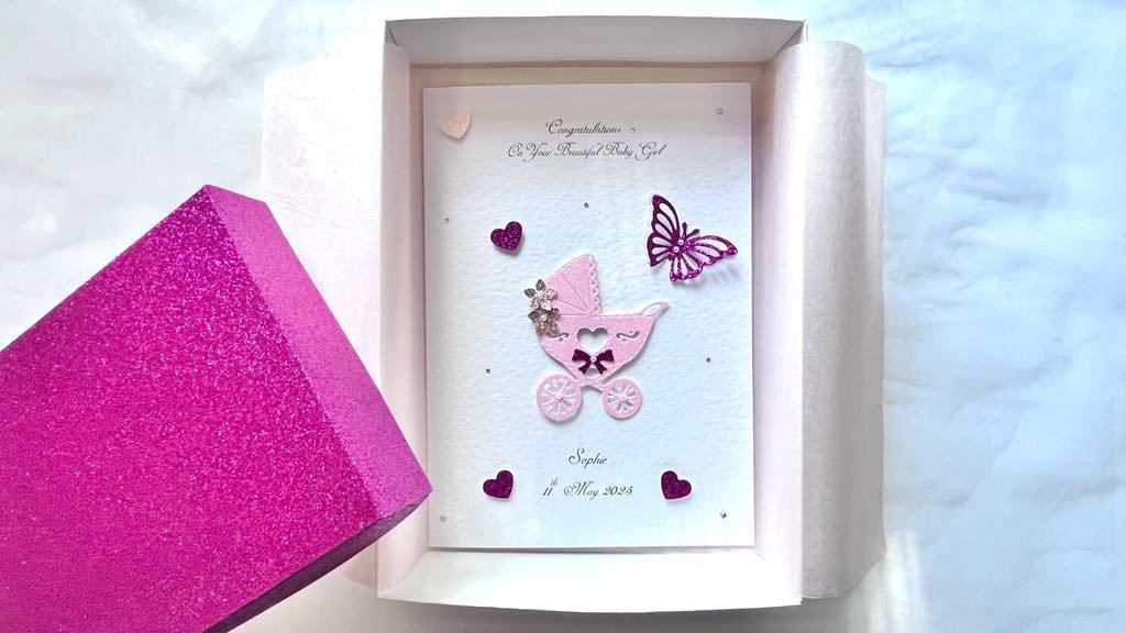 Luxury Handmade Personalised Newborn Baby Card, Birthday Card with Box C712
