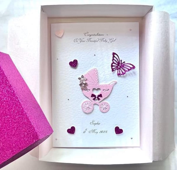 Luxury Handmade Personalised Newborn Baby Card, Birthday Card with Box C712