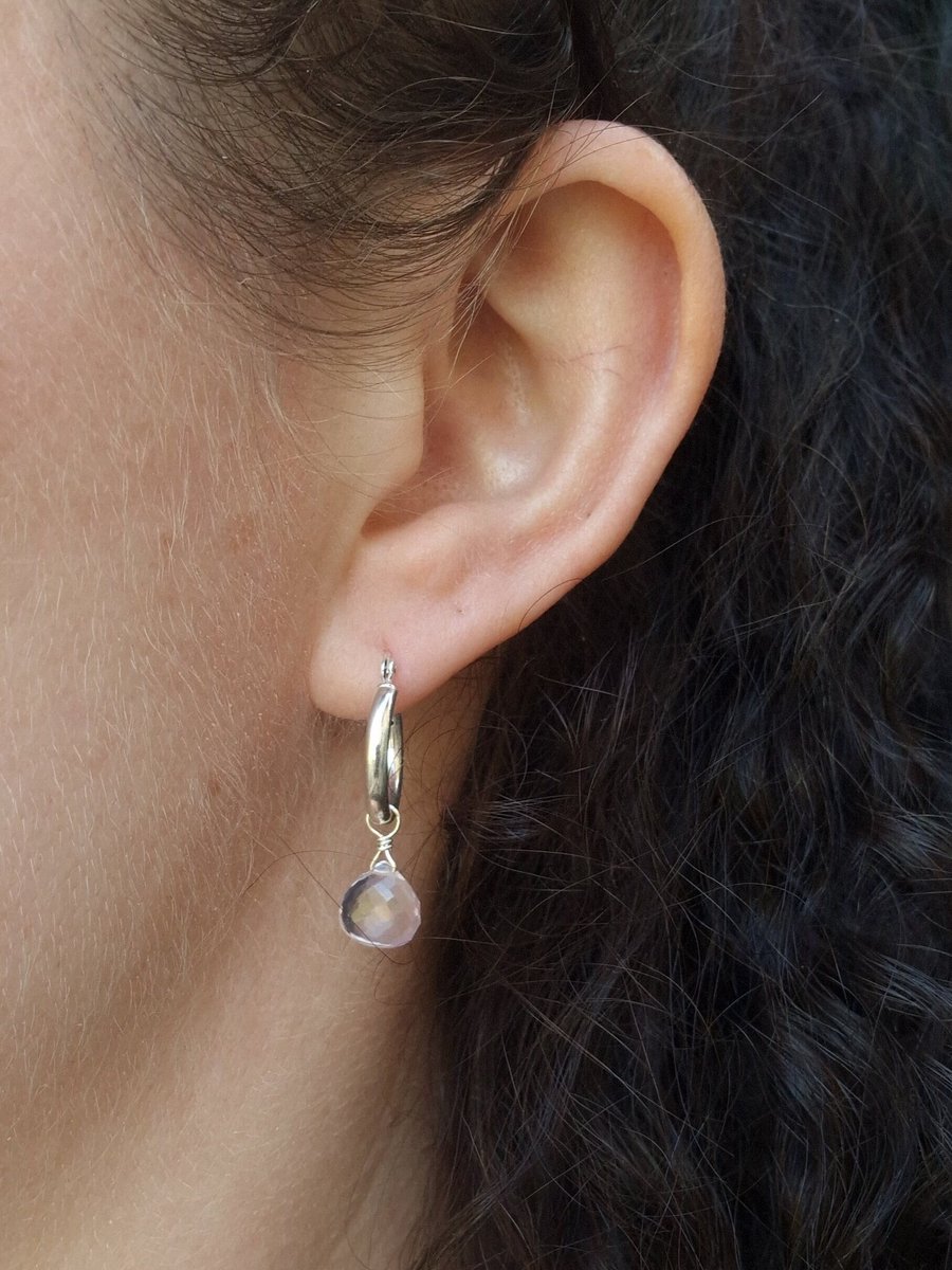 Rose quartz and sterling silver hoop earrings 