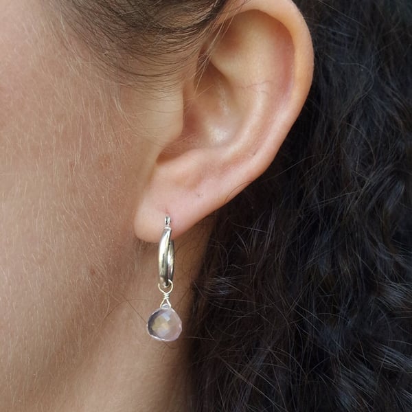 Rose quartz and sterling silver hoop earrings 