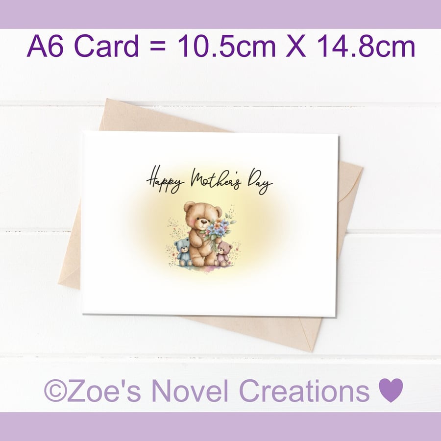 Bear with Flowers, Mother's Day Card - A6 size 10.5cm X 14.8cm