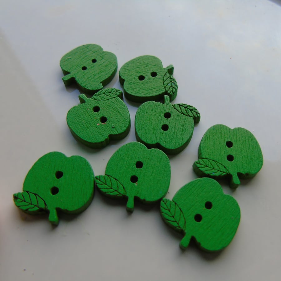 8 green wooden apple buttons - 1.5 cms across - 2 holes
