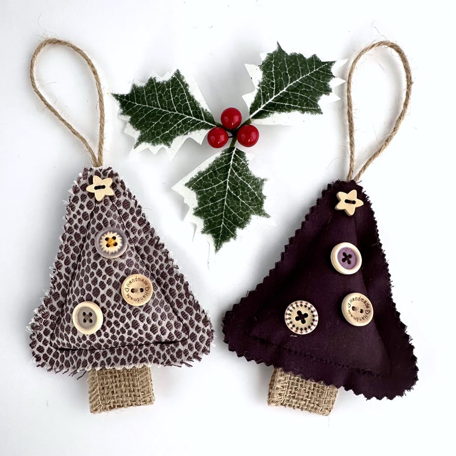 Pair of Mini Christmas Tree Hanging Decorations in Plum Purple 